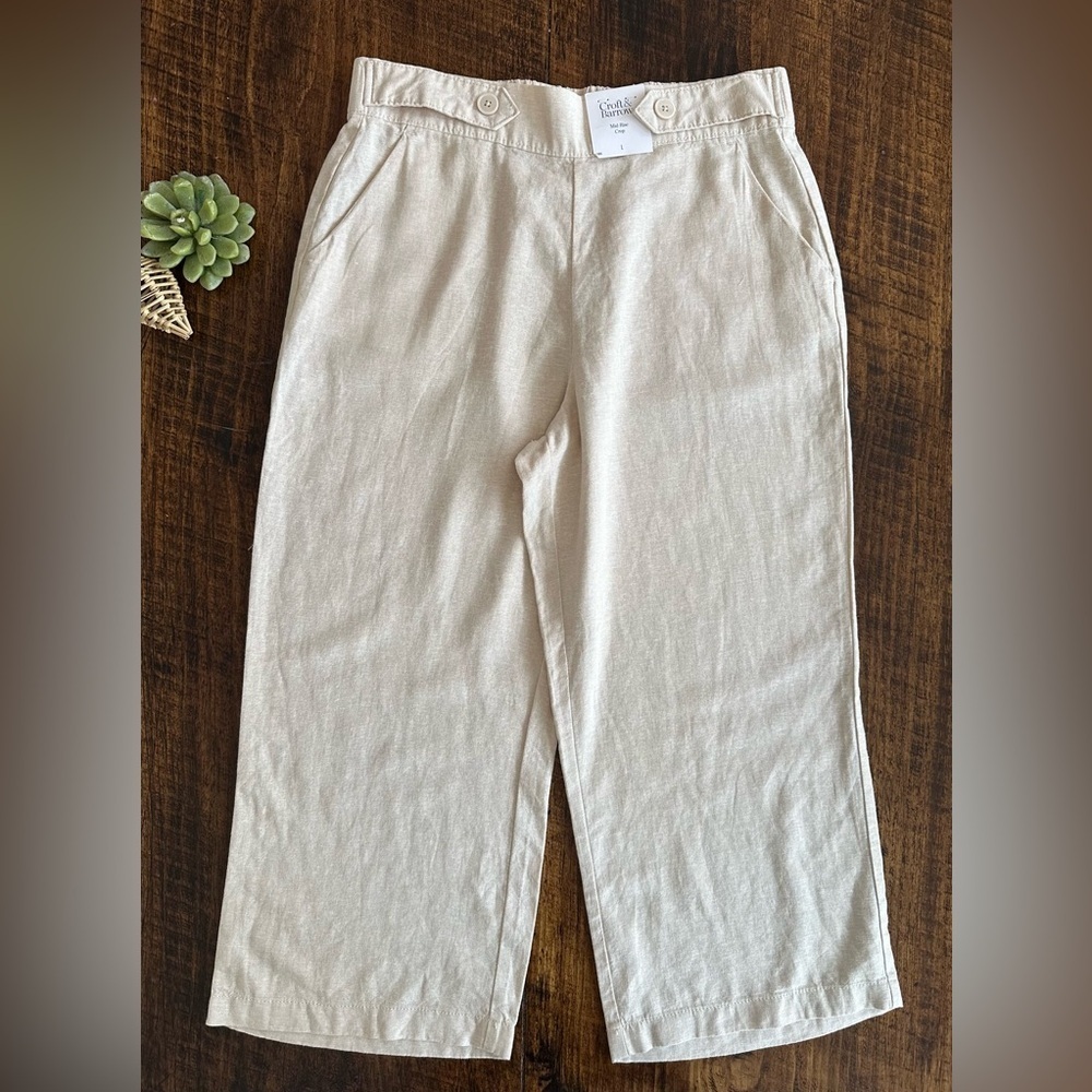 Croft & Barrow | Beige Linen Blend Mid-Rise Crop Wide Leg Pants, Size L, NWT